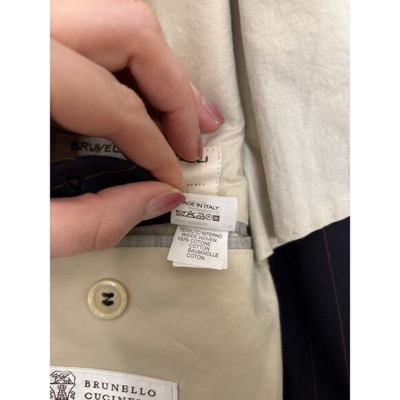 Brunello Cucinelli Blazer Mens IT50 40R Sport Coat Navy Pinstripe Elbow Patches - Picture 8 of 11